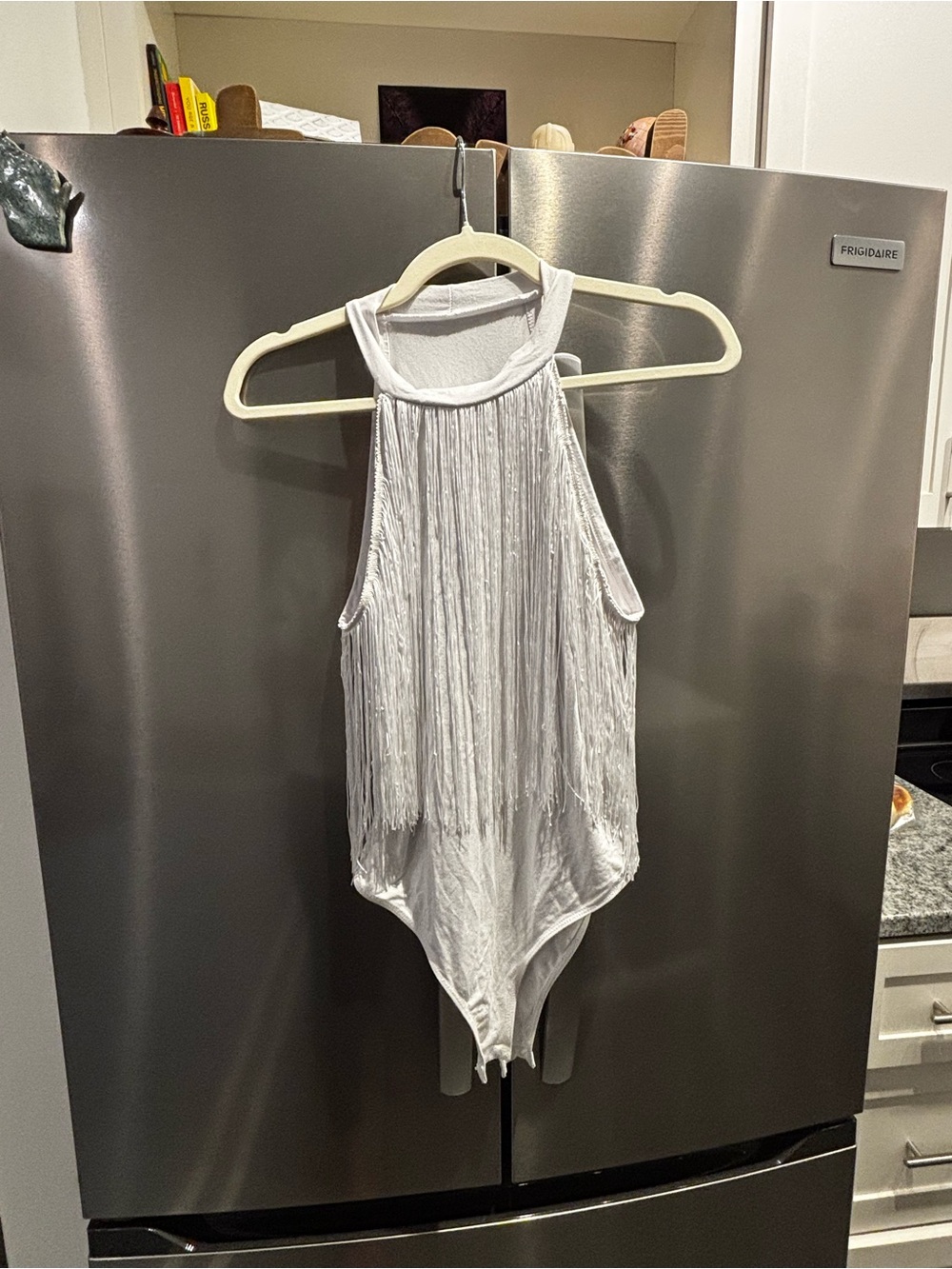 Women's White Fringe Halter Bodysuit